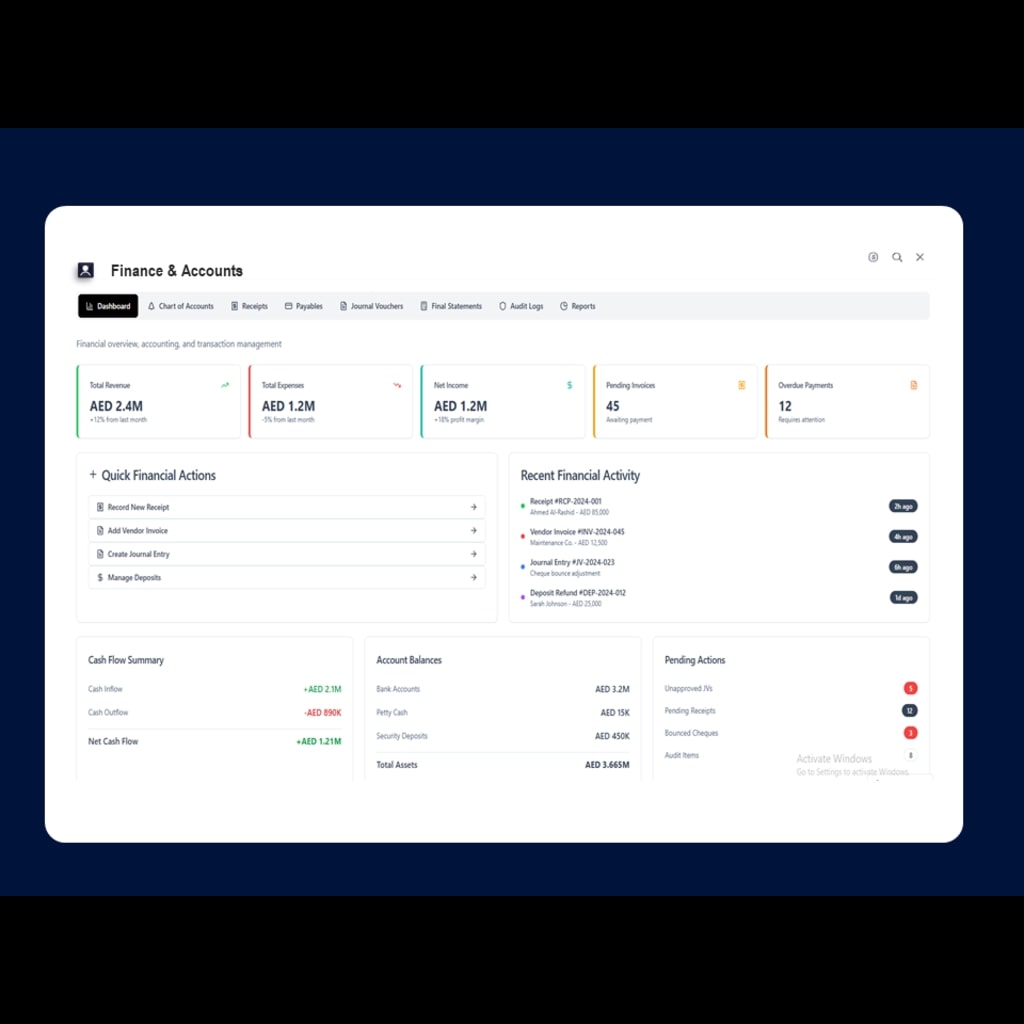 Finance dashboard with cheque management and payment tracking